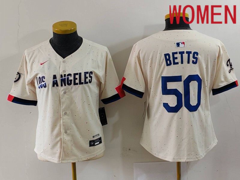 Women Los Angeles Dodgers 50 Betts Cream Fashion Nike Game MLB Jersey style 7031